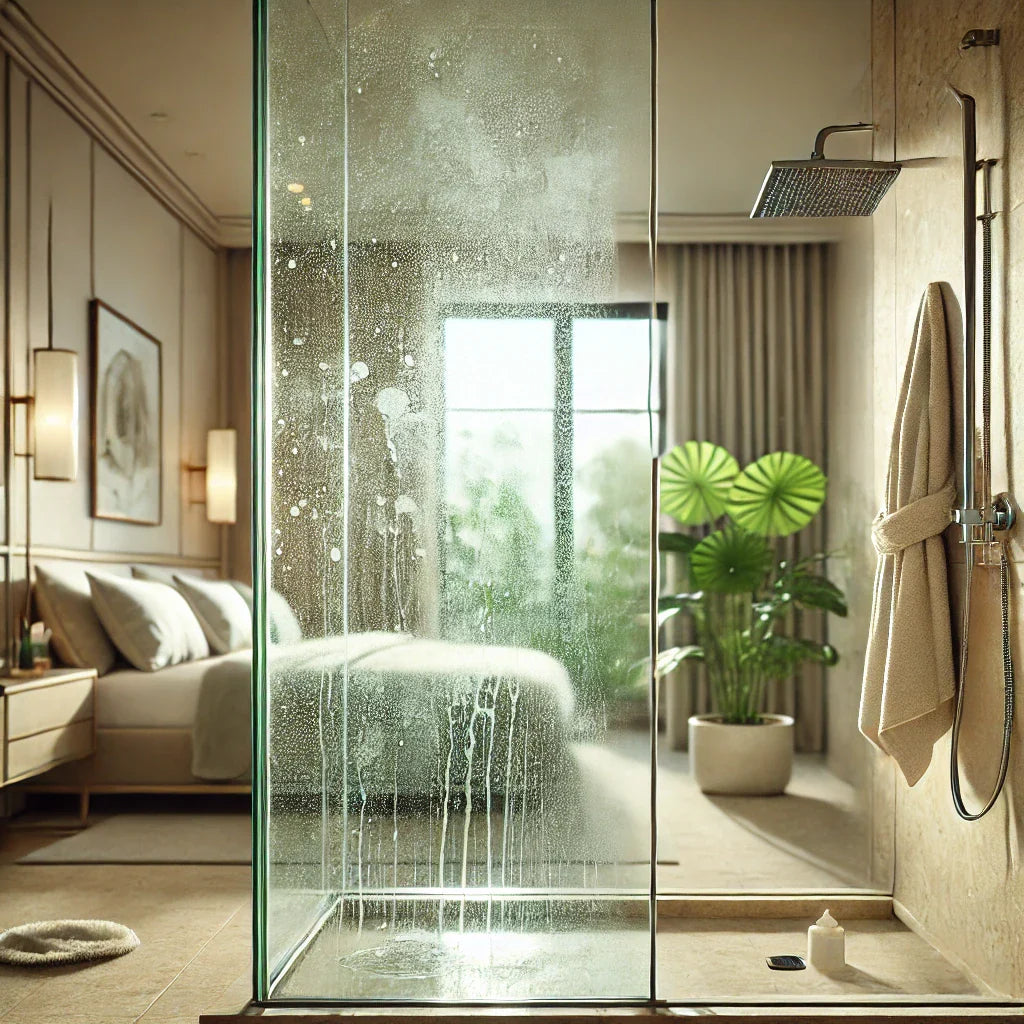 How do I remove hard water stains from glass shower doors?